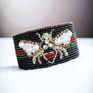 Pearl & Rhinestone Bee Cuff Bracelet